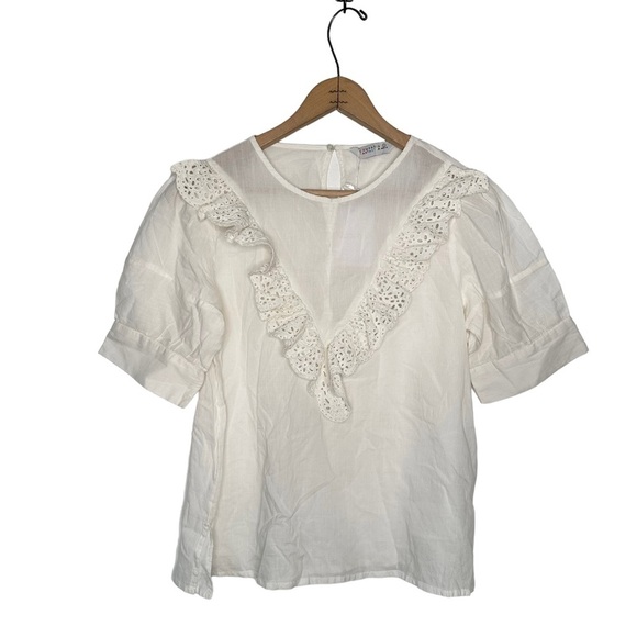 Campania Fantastica | Cream Short Sleeve Ruffle Front Blouse Size Large - Picture 1 of 7
